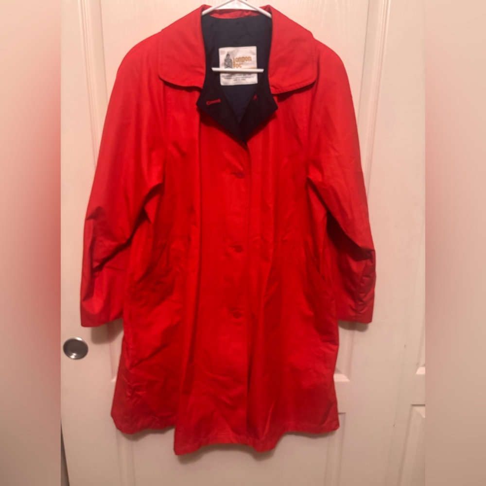 Women's Vintage Red London Fog Trench Coat with Dark Navy Lining